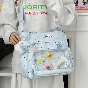Cute Japanese ita bag sweet star print canvas shoulder tote bag with clear window and plush charms