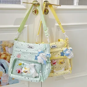 Cute Japanese ita bag with clear window, polka dot canvas crossbody backpack for students.