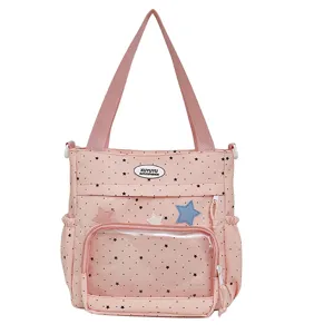 Cute pink polka dot Ita bag with transparent pocket, Japanese style student backpack tote.