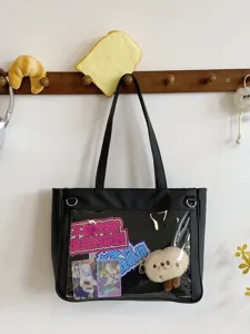 Black PU leather ita bag clear window large capacity student shoulder messenger bag