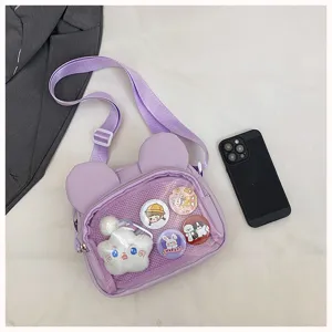 Lila ita tasche mit fenster und hasenohren, ideal für pins und den täglichen stil.