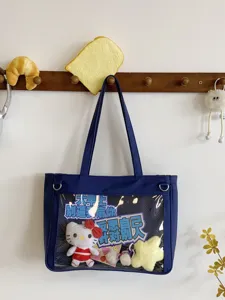Japanese ins cute ita bag large capacity canvas shoulder bag with transparent window detail.