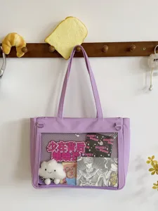 Purple ita bag with clear transparent window, cute anime shoulder messenger bag for daily use.