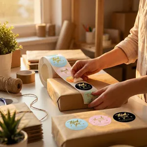Gold foil thank you stickers roll, decorative round envelope seals for gift packaging.
