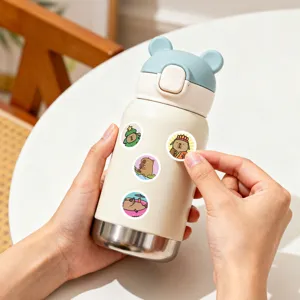 Cute cartoon capybara thermos water bottle with stainless steel base and bear ear lid.