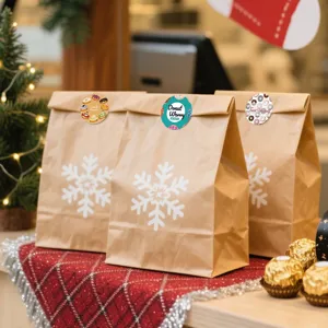 Kraft paper gift bags with white snowflake prints and cute donut sealing sticker details.