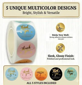 500pcs roll gold foil thank you stickers 1 inch multicolor sealing labels for gifts.
