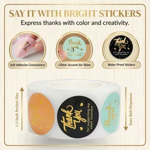 Detailed view of gold foil thank you sticker roll with colorful round adhesive labels design.