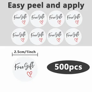 500pcs 1 inch round free gift stickers roll with cute heart design for sealing packages.