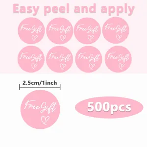 Pink round free gift stickers 1 inch 500 pcs per roll for sealing party favors and gifts.