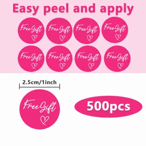 Round pink free gift sticker detail showing 2.5cm size and 500pcs per roll design.