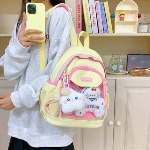 Cute Japanese style ins ita bag backpack, yellow pink canvas school bag with transparent pocket.
