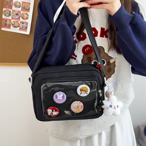 Japanese ins style black ita bag with clear window, cute pins and plush cloud pendant bag.