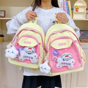 Cute Japanese ita backpack with clear window, pastel yellow school bag for daily use.