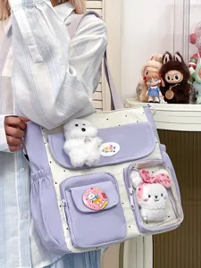 Retro contrast color large canvas shoulder bag, cute soft girl tote bag for daily commute.