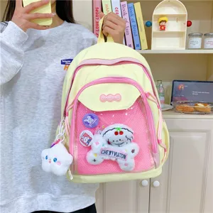 Cute Japanese ins style clear pocket canvas backpack for women and girls daily use.