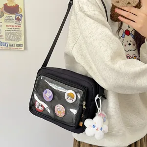Black canvas ita bag with clear window and cute plush cloud pendant detail for students