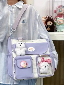 Retro colorblock canvas shoulder bag large capacity tote cute plush pendant student book bag
