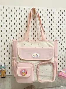 Retro color-block large capacity canvas tote bag, cute sweet girl shoulder crossbody bag.