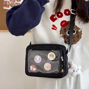 Black canvas transparent ita bag with clear window, cute pins and cloud pendant for daily use.