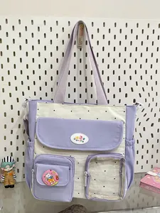 Retro color-block canvas tote bag, large capacity shoulder and crossbody bag for students.