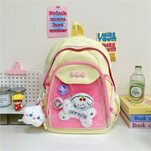 Cute Japanese ins style ita backpack yellow pink transparent mesh pocket canvas school bag for women