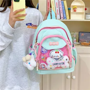 Japanese ins style cute ita backpack with clear window and plush dog pendant for daily use.