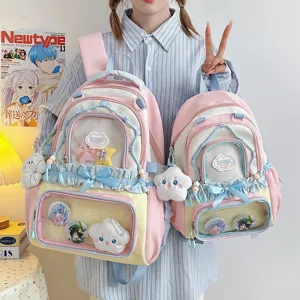 Sac à dos ita pastel doux avec fenêtre transparente, cartable kawaii avec nœud et épingles.