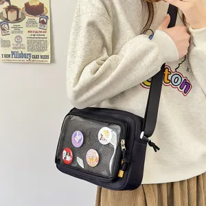 Black ita bag with transparent front pocket, canvas crossbody shoulder bag for daily casual anime fans.