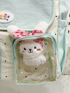 Cute canvas backpack with transparent pocket and plush bunny doll, sweet style student bag