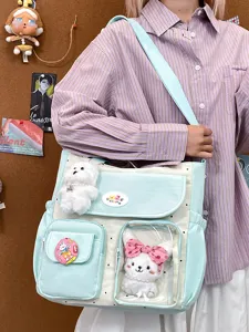 Canvas Cute Harajuku Shoulder Tote Bag With Clear PVC Window And Kawaii Plush Pendants