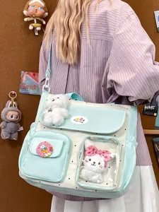 Canvas shoulder bag with cute clear window, multi-pocket design, retro polka dot style.