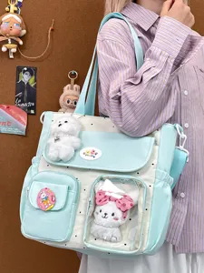 Retro color-block canvas shoulder bag, sweet style large student tote bag with clear window pocket.