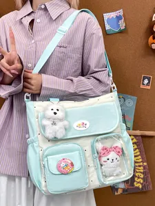 Canvas shoulder bag, multi-pocket crossbody bag, aesthetic student school bag, casual tote bag.