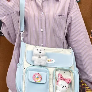 Vintage color block canvas crossbody bag, large capacity student shoulder bag for daily use.