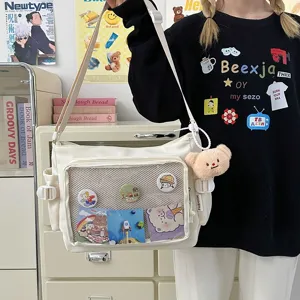Japanese ins style transparent badge canvas ita bag, casual large capacity crossbody messenger bag.