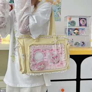 Bolso tote estilo ita JK japonés dulce con volantes rosados y ventana transparente para pines.