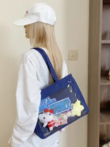 Japanese ins style cute large capacity transparent ita bag canvas shoulder bag with plush pendant