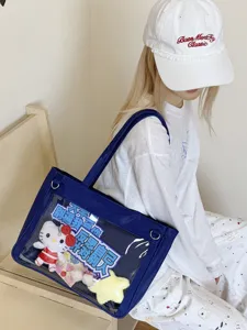 Japanese ins cute girl pain bag with transparent window, large capacity student messenger bag.