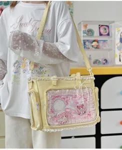 Bolsa tote ita amarilla bonita con ventana transparente y lazo para fans de anime JK.