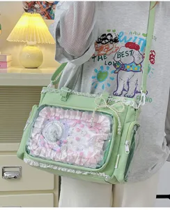 Bolso tote ita bag verde estilo dulce japones con ventana transparente encaje lazo para anime fans