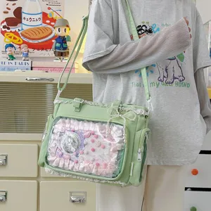 Bolsa tote itabag transparente JK dulce de estilo japonés vista detallada con lazo.