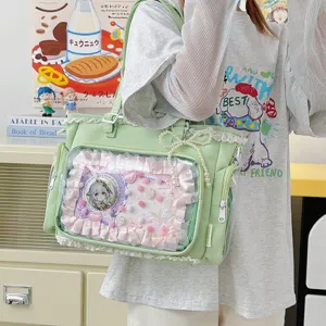 Bonito bolso tote Ita verde estilo JK japonés con ventana transparente y lazo de encaje bonito.