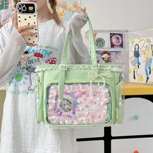 Bonito bolso tote ita de anime japonés dulce con ventana transparente lazo y perla mujer