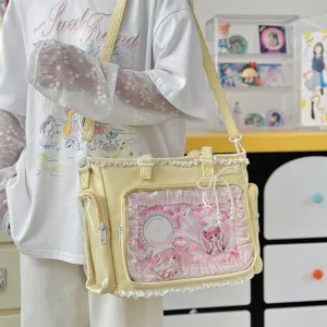 Bonito bolso ita estilo JK japonés dulce con ventana transparente, volantes y lazo de perlas.