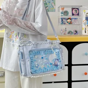 Vista detallada de un bolso ita de estilo JK japonés dulce con ventana transparente y encaje.