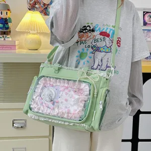 Bonito bolso tote ita estilo JK japonés con ventana transparente y lazo de perlas.