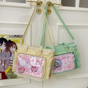 Lindo bolso tote Ita japonés JK dulce con ventana transparente, lazo y pines de anime.