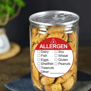 Etiquetas de advertencia de alérgenos alimentarios pegatinas redondas para embalaje de seguridad.