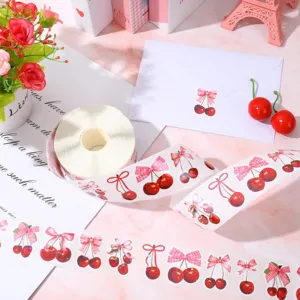 Cartoon cherry pink bow sticker roll for journaling, diary and gift packaging decoration.